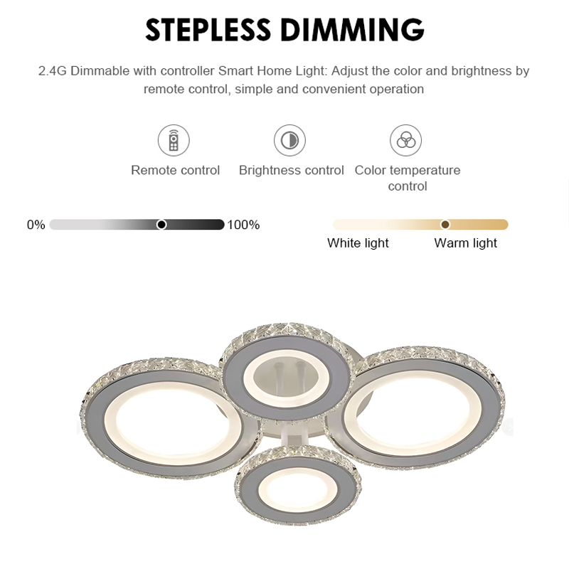 Lustra LED cu telecomanda si cristal NOVA ROTONDA RGB 86W, 4 Cercuri, lumina Rece/Calda/Neutra, Dimabila, Alb