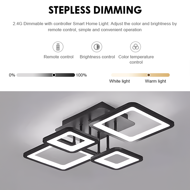 Lustra LED cu telecomanda ELLA 85W, 4 Patrate, lumina Rece/Calda/Neutra, Dimabila, Negru