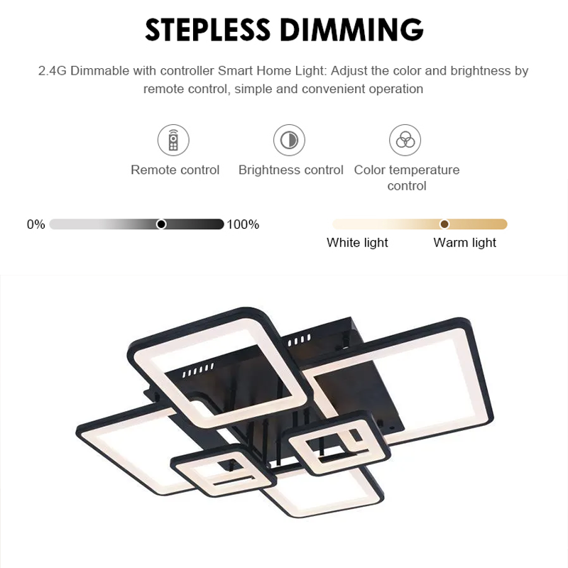 Lustra LED cu telecomanda ELLA 124W, 6 Patrate, lumina Rece/Calda/Neutra, Dimabila, Negru, Metal si Acril