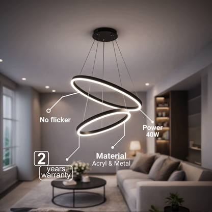 Lustra LED suspendata cu Telecomanda CASIANA 40W, 2 Cercuri, Lumina Rece/Calda/Neutra 3000K/4000K/6000K, Dimabila, Negru, Inaltime Reglabila, Metal si Acril