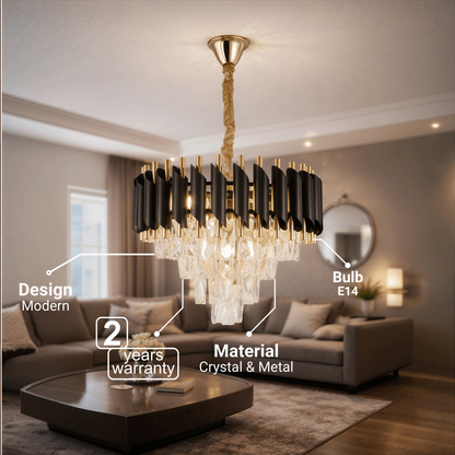 Candelabru Cristal VERSAILLES Nobile 5xE14, Diametru 40cm, Auriu Lucios si Negru