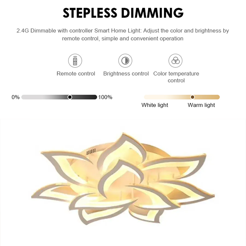 Lustra LED cu telecomanda LOTUS 91W, 9 Petale, lumina Rece/Calda/Neutra, Dimabila, Alb