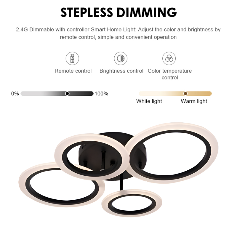 Lustra LED cu telecomanda BETTY 44W, 4 Cercuri, lumina Rece/Calda/Neutra, Dimabila, Negru