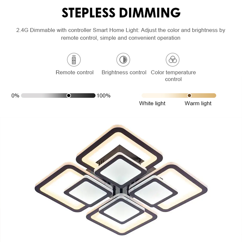 Lustra LED cu telecomanda SUSAN 96W, 4 Patrate, lumina Rece/Calda/Neutra, Dimabila, Negru