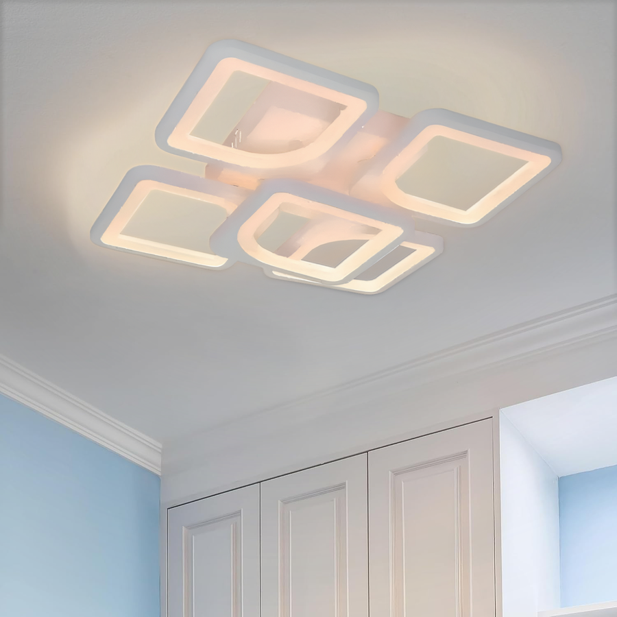 Lustra LED cu telecomanda ZOE 96W, 5 Patrate, lumina Rece/Calda/Neutra, Dimabila, Alb