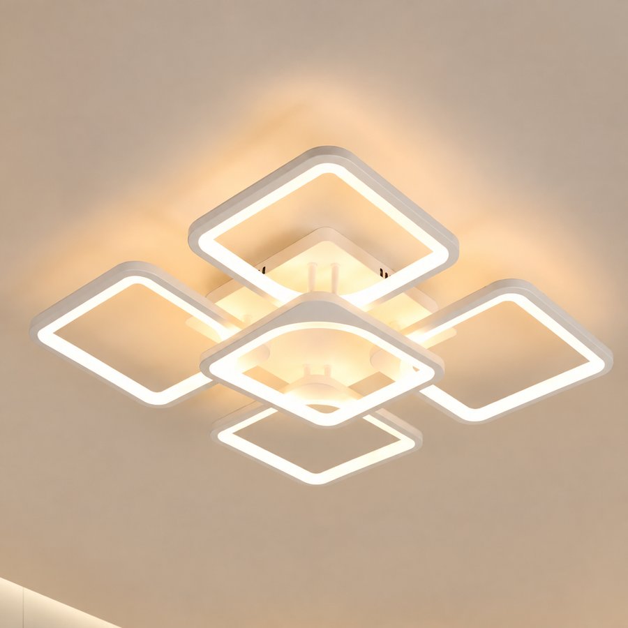 Lustra LED cu telecomanda ZOE 70W, 5 Patrate, lumina Rece/Calda/Neutra, Dimabila, Alb
