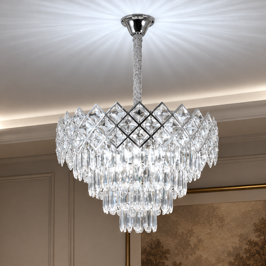 Candelabru Cristal VECTORIA Magno 8xE14, Diametru 58cm, Crom Lucios, Inaltime Reglabila, Metal si Cristal