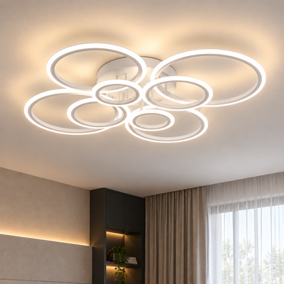 Lustra LED cu telecomanda  BETTY 127W, 8 Cercuri, lumina Rece/Calda/Neutra, Dimabila, Alb