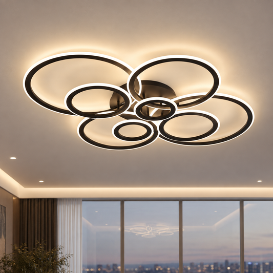 Lustra LED cu telecomanda BETTY 127W, 8 Cercuri, lumina Rece/Calda/Neutra, Dimabila, Negru