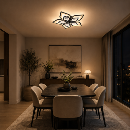 Lustra LED cu telecomanda DALIA 96W, 5 Petale, lumina Rece/Calda/Neutra, Dimabila, Negru