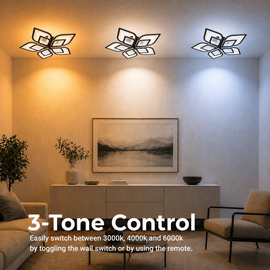 Lustra LED cu telecomanda DALIA 96W, 5 Petale, lumina Rece/Calda/Neutra, Dimabila, Negru