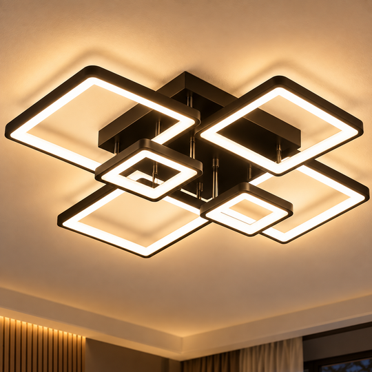 Lustra LED cu telecomanda ELLA 120W, 6 Patrate, lumina Rece/Calda/Neutra, Dimabila, Negru, Metal si Acril