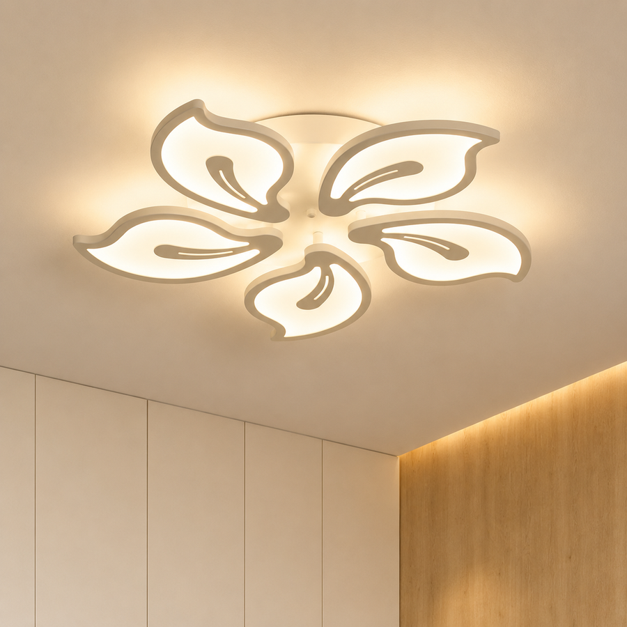 Lustra LED cu telecomanda JASMINE 73W, 5 Petale, lumina Rece/Calda/Neutra, Dimabila, Alb