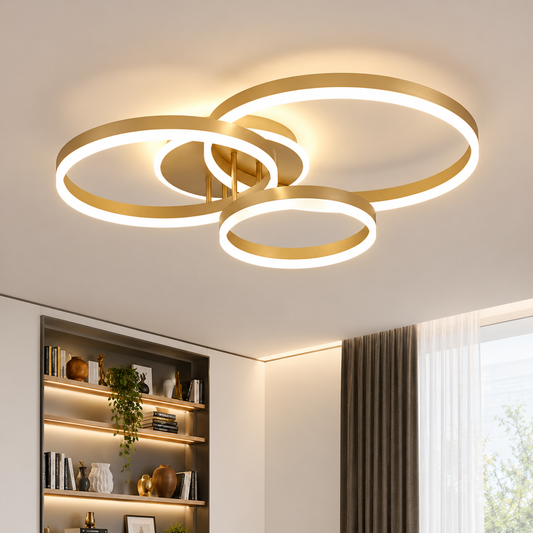 Lustra LED cu telecomanda RIGA LILITH 68W, 3 Cercuri, lumina Rece/Calda/Neutra, Dimabila, Auriu Lucios