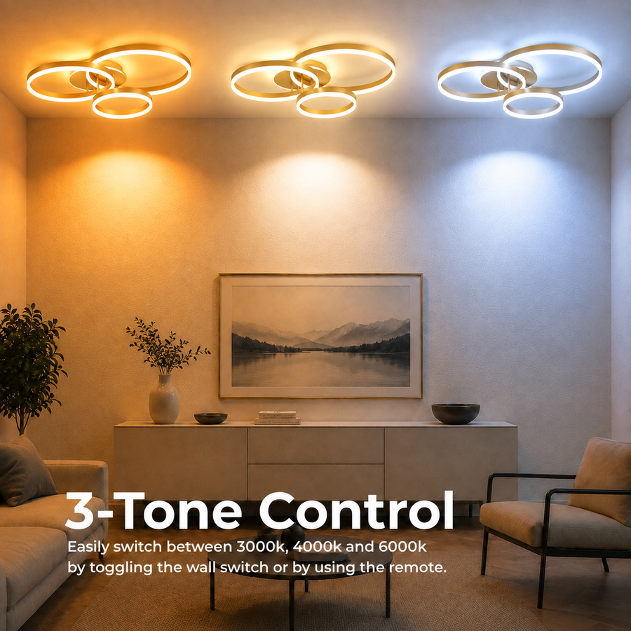 Lustra LED cu telecomanda RIGA LILITH 68W, 3 Cercuri, lumina Rece/Calda/Neutra, Dimabila, Auriu Lucios
