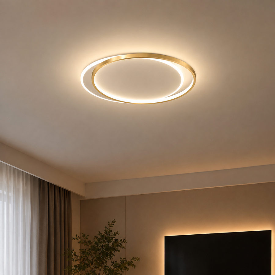 Lustra LED cu telecomanda SOLARA 51W, 2 Cercuri, lumina Rece/Calda/Neutra, Dimabila, Auriu Alb