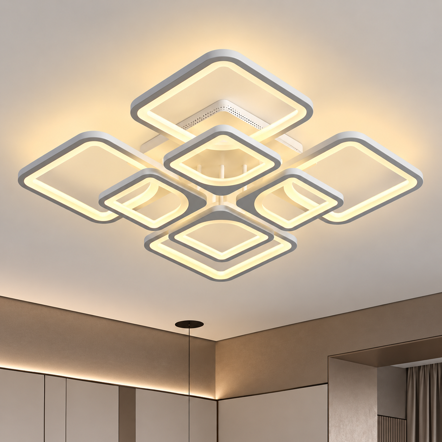 Lustra LED cu telecomanda ZOE 138W, 8 Patrate, lumina Rece/Calda/Neutra, Dimabila, Alb