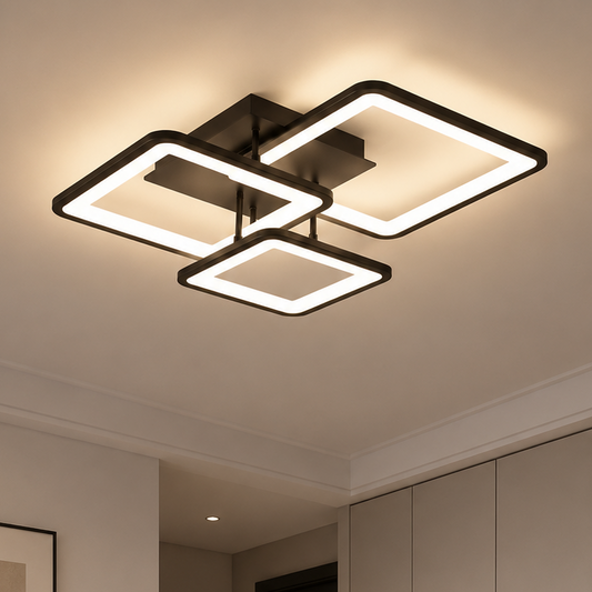 Lustra LED cu telecomanda ZOE 60W, 3 Patrate, lumina Rece/Calda/Neutra, Dimabila, Negru, Metal si Acril