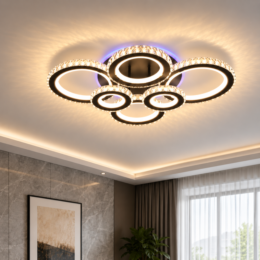 Lustra LED cu telecomanda si cristal NOVA ROTONDA RGB 145W, 6 Cercuri, lumina Rece/Calda/Neutra, Dimabila, Negru
