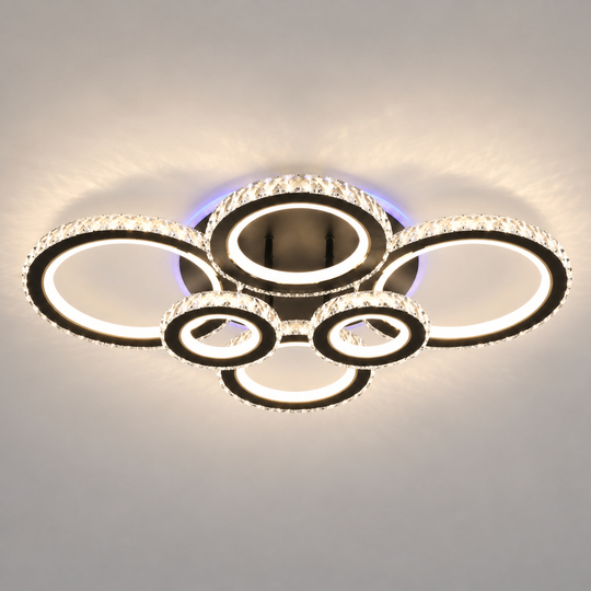 Lustra LED cu telecomanda si cristal NOVA ROTONDA RGB 145W, 6 Cercuri, lumina Rece/Calda/Neutra, Dimabila, Negru