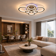 Lustra LED cu telecomanda si cristal NOVA ROTONDA RGB 145W, 6 Cercuri, lumina Rece/Calda/Neutra, Dimabila, Negru