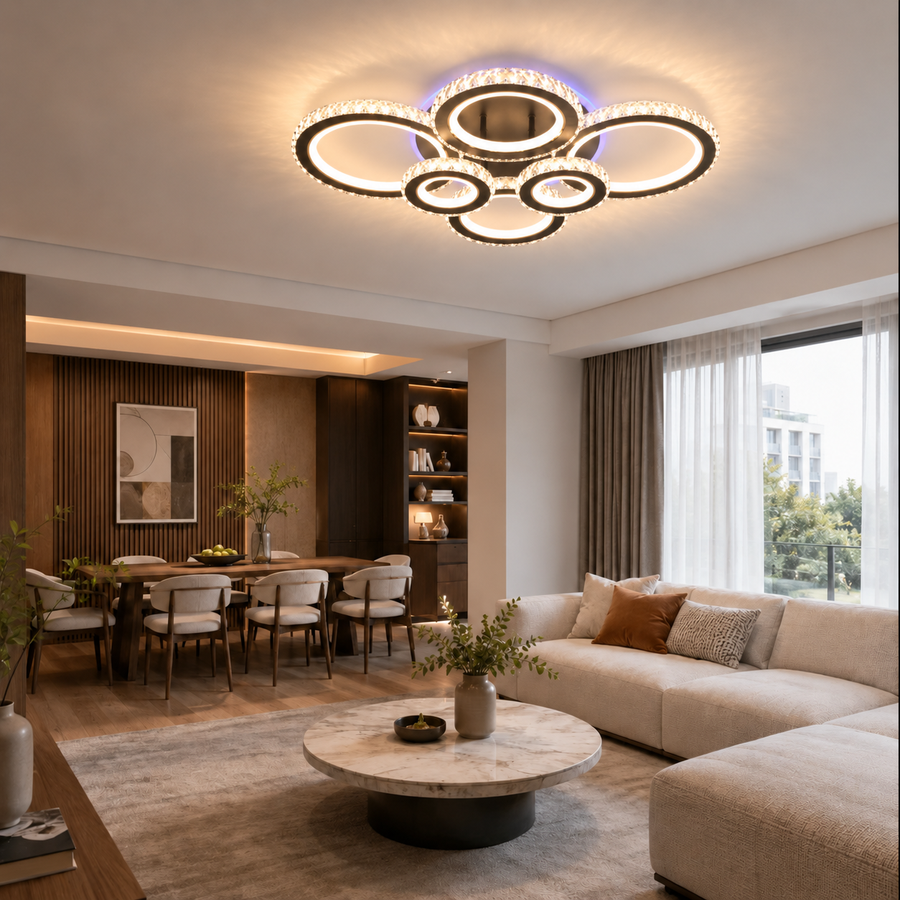 Lustra LED cu telecomanda si cristal NOVA ROTONDA RGB 145W, 6 Cercuri, lumina Rece/Calda/Neutra, Dimabila, Negru