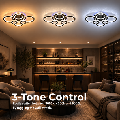 Lustra LED cu telecomanda si cristal NOVA ROTONDA RGB 145W, 6 Cercuri, lumina Rece/Calda/Neutra, Dimabila, Negru