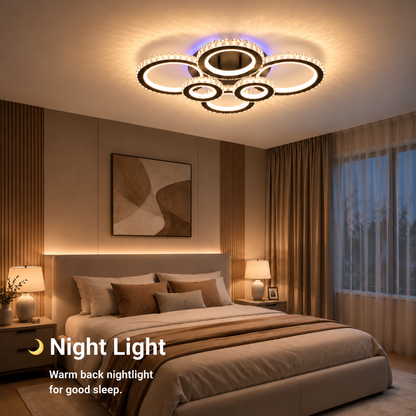 Lustra LED cu telecomanda si cristal NOVA ROTONDA RGB 145W, 6 Cercuri, lumina Rece/Calda/Neutra, Dimabila, Negru