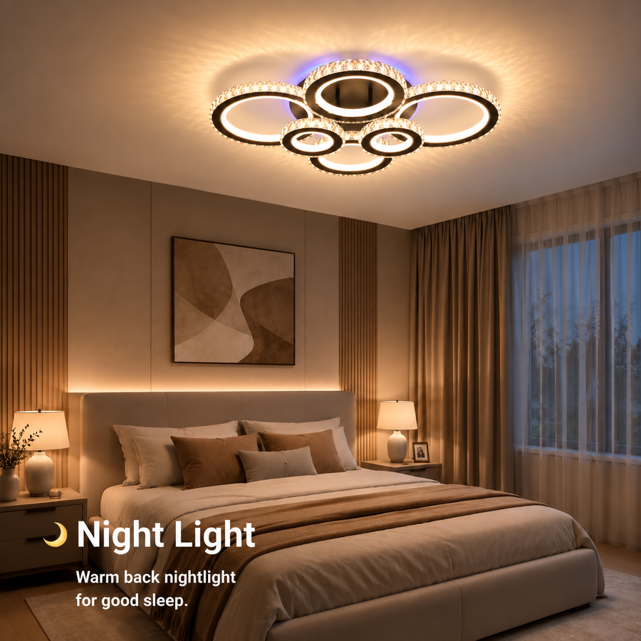 Lustra LED cu telecomanda si cristal NOVA ROTONDA RGB 145W, 6 Cercuri, lumina Rece/Calda/Neutra, Dimabila, Negru