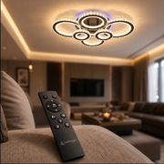 Lustra LED cu telecomanda si cristal NOVA ROTONDA RGB 145W, 6 Cercuri, lumina Rece/Calda/Neutra, Dimabila, Negru