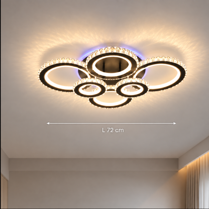 Lustra LED cu telecomanda si cristal NOVA ROTONDA RGB 145W, 6 Cercuri, lumina Rece/Calda/Neutra, Dimabila, Negru