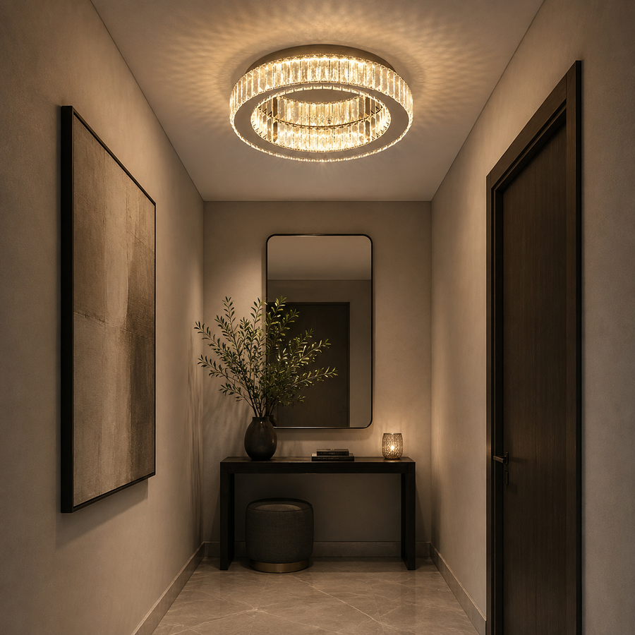 Lustra LED cu telecomanda si cristal VERTUS 18W, 29cm, Cerc, lumina Rece/Calda/Neutra, Dimabila, Crom