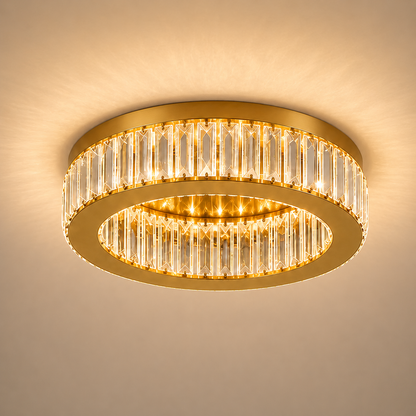 Lustra LED cu telecomanda si cristal VERTUS 31W, 50cm, Cerc, lumina Rece/Calda/Neutra, Dimabila, Auriu