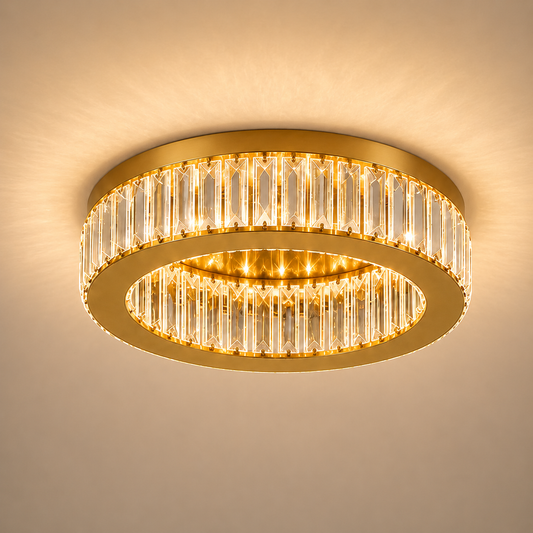 Lustra LED cu telecomanda si cristal VERTUS 31W, 50cm, Cerc, lumina Rece/Calda/Neutra, Dimabila, Auriu