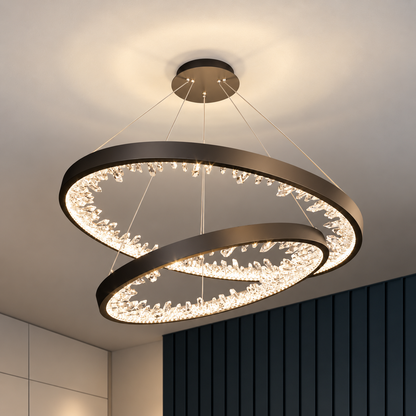 Lustra LED suspendata cu telecomanda, 73W, 2 Cerc, 60 cm, lumina Rece/Calda/Neutra, Dimabila, Negru, Inaltime Reglabila