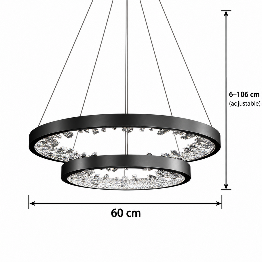 Lustra LED suspendata cu telecomanda, Cristale K9, 73W, 2 Cerc, 60 cm, lumina Rece/Calda/Neutra, Dimabila, Negru, Inaltime Reglabila Lustre Moderne Default Title Alessandro Design