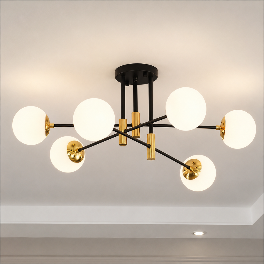 Lustra cu Glob Alb Rotund, PENTHOUSE Lounge, 6xE27, Negru / Auriu, Metal si Sticla