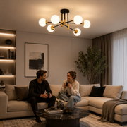 Lustra cu Glob Alb Rotund, PENTHOUSE Lounge, 6xE27, Negru / Auriu, Metal si Sticla