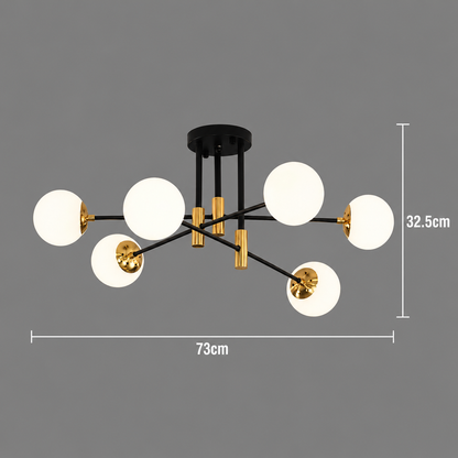 Lustra cu Glob Alb Rotund, PENTHOUSE Lounge, 6xE27, Negru / Auriu, Metal si Sticla