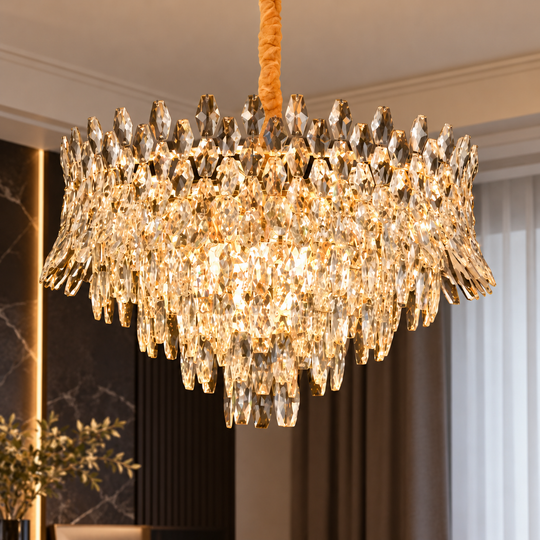 Candelabru Cristal MONARCH Magno 12xE14, Diametru 60cm, Inaltime 40cm, Auriu Lucios, Inaltime Reglabila, Design Elegant