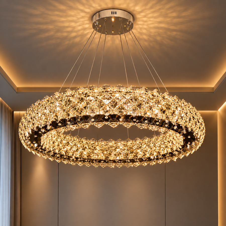 Candelabru Cristal KALTO Eleganza, 106W, Lumina Rece/Calda/Neutra, Inaltime Reglabila, Metal si Cristal, Crom Lucios