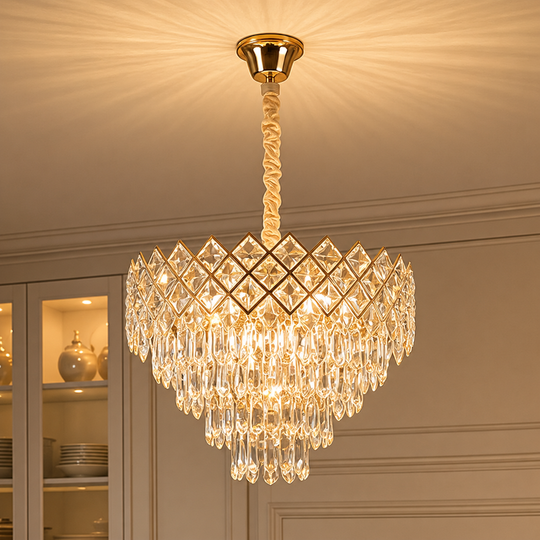 Candelabru Cristal VECTORIA Magno 8xE14, Diametru 58cm, Auriu, Inaltime Reglabila, Metal si Cristal