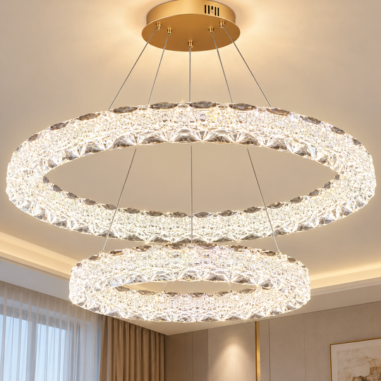 Lustra LED SHELP Cristal cu telecomanda, 64W, Lumina Calda/Neutra/Rece, Φ60 cm, Inaltime Reglabila, Metal si Cristal, Auriu