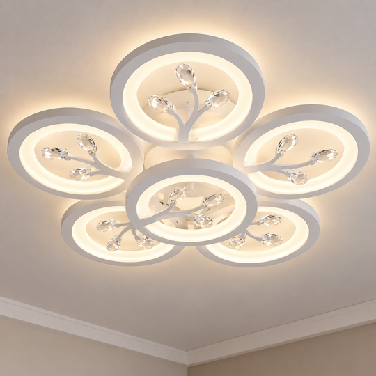 Lustra LED cu telecomanda si cristal DAISY 78W, 6 Elemente, lumina Rece/Calda/Neutra, Dimabila, Alb