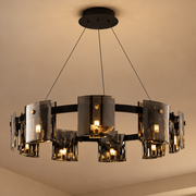 Candelabru Modern, Valmontreux Largo, 8xG9, Diametru 80cm, Negru si Cristale Cenusii, Inaltime Reglabila, Metal si Cristal