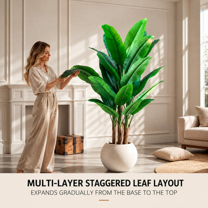 Planta Artificială Copac Tip Bananier, 190 cm, 3 tulpini, 27 frunze, Verde, cu Ghiveci
