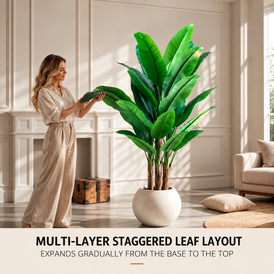 Planta Artificială Copac Tip Bananier, 190 cm, 3 tulpini, 27 frunze, Verde, cu Ghiveci