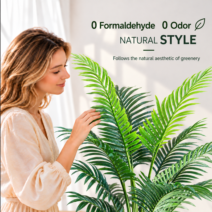 Planta Artificială Copac Tip Palmier Kentia, 3 tulpini, 17 frunze, 220 cm, Verde, cu Ghiveci