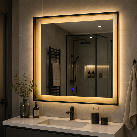 Oglinda LED NUK, 70x70cm, 12W, Negru, Senzor, Lumina 3000K, 4000K, 6000K, Sistem Dezaburire, Metal, Functii Ceas si Temperatura