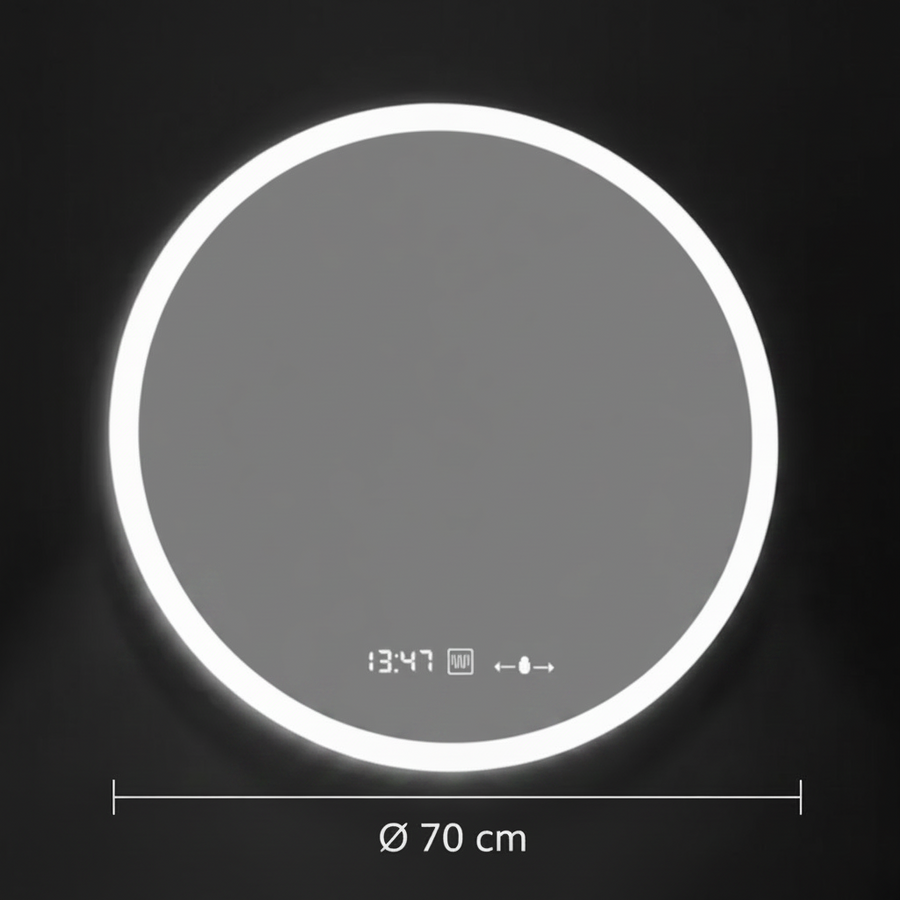 Oglinda LED Rotunda GIULIA, 70cm, senzor MotionGlow, Sistem Dezaburire, Ceas & Termometru, Dimabila, Marcello Funghi